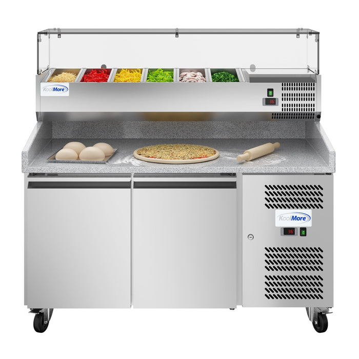 KoolMore 59" Granite Top Refrigerated Pizza Prep Station with 2-Door Storage & Pan Rail – KM-RPCPS-2D59-GRT