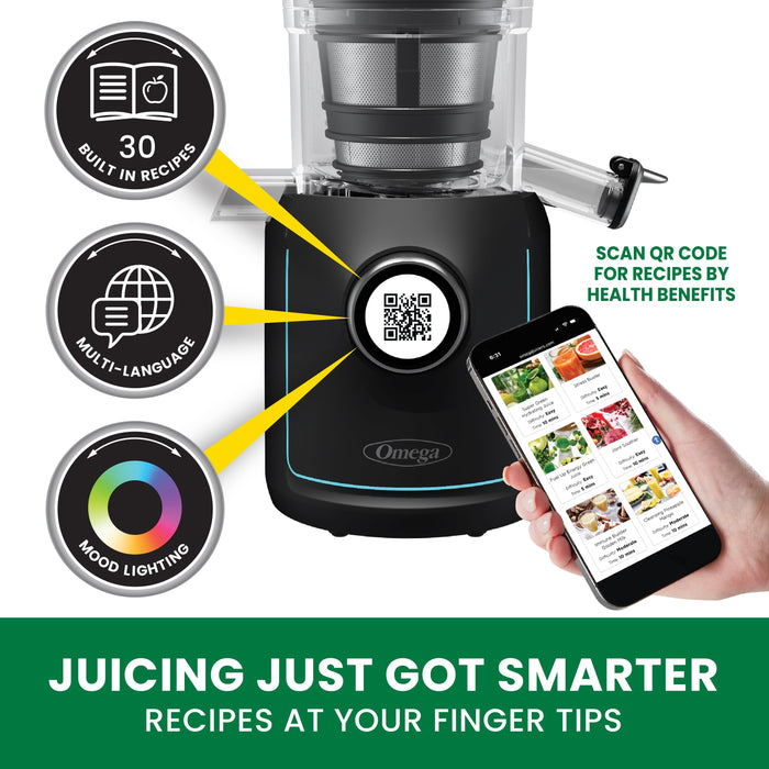 Omega OMSMBTBK13 180W Ultimate Performance Batch Juicer - IntelliDial Cold Press Smart Juicer