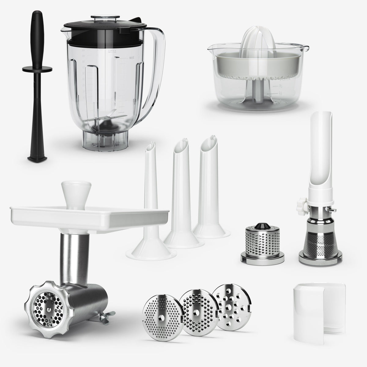 Ankarsrum DeLuxe Package contents: mincer, sausage horns, strainer, grater, blender with tamper and citrus press