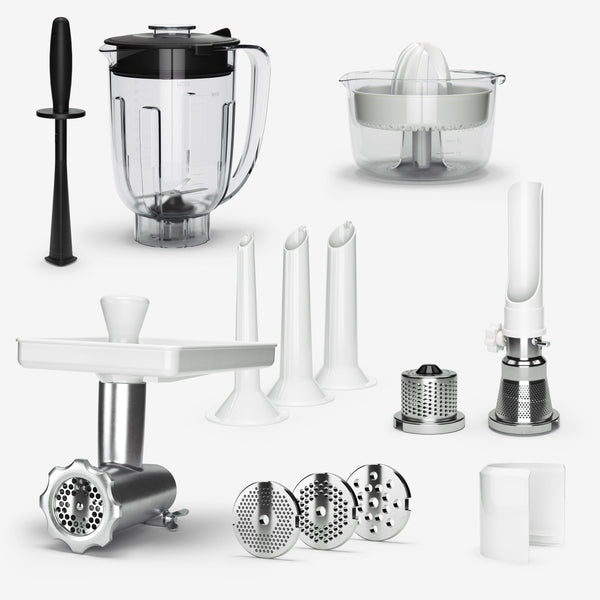Ankarsrum DeLuxe Package contents: mincer, sausage horns, strainer, grater, blender with tamper and citrus press