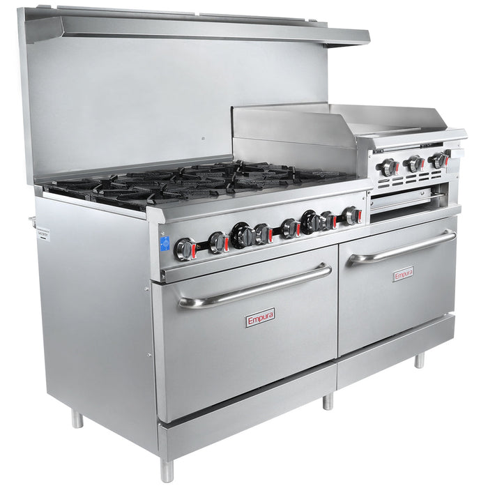 60" 6 Burner Commercial Liquid Propane Range with 24" Raised Griddle / Broiler and 2 Ovens - 278,000 BTU