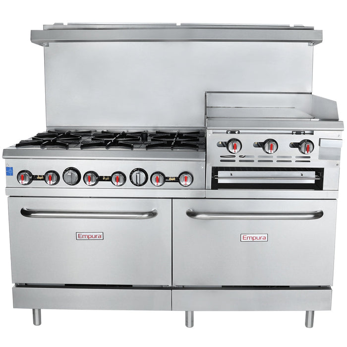 60" 6 Burner Commercial Natural Gas Range with 24" Raised Griddle / Broiler and 2 Ovens - 278,000 BTU