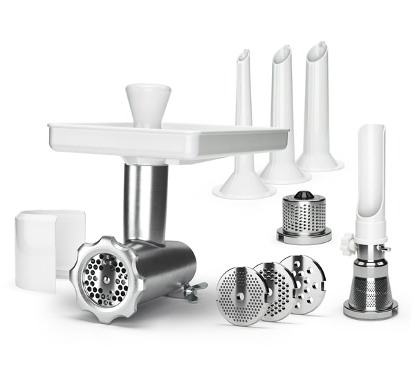 Ankarsrum Mincer Complete Package contents: mincer, 4 hole discs, 3 sausage horns, strainer and grater