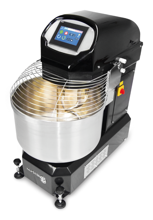 Sunmix QUEEN 80-2 industrial spiral mixer in Deep Black, with touchscreen control panel and dough in the bowl