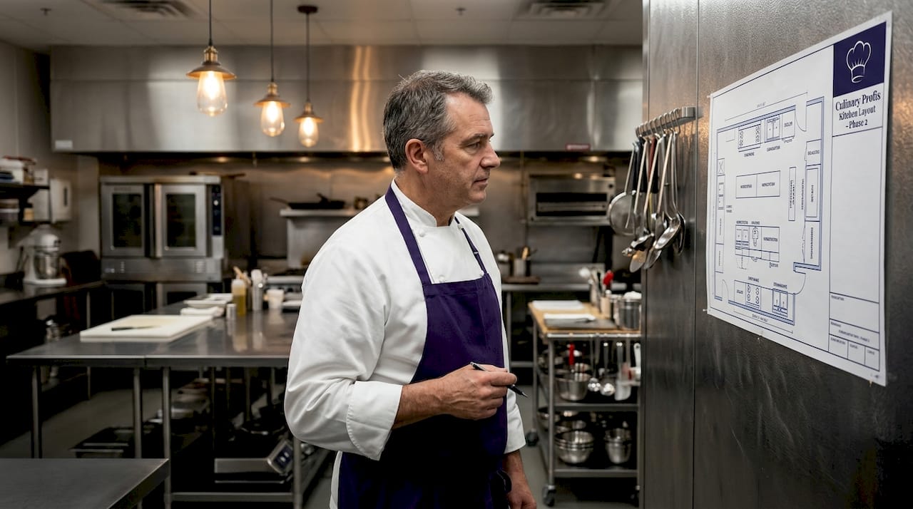 Chef reviewing kitchen plan in commercial kitchen