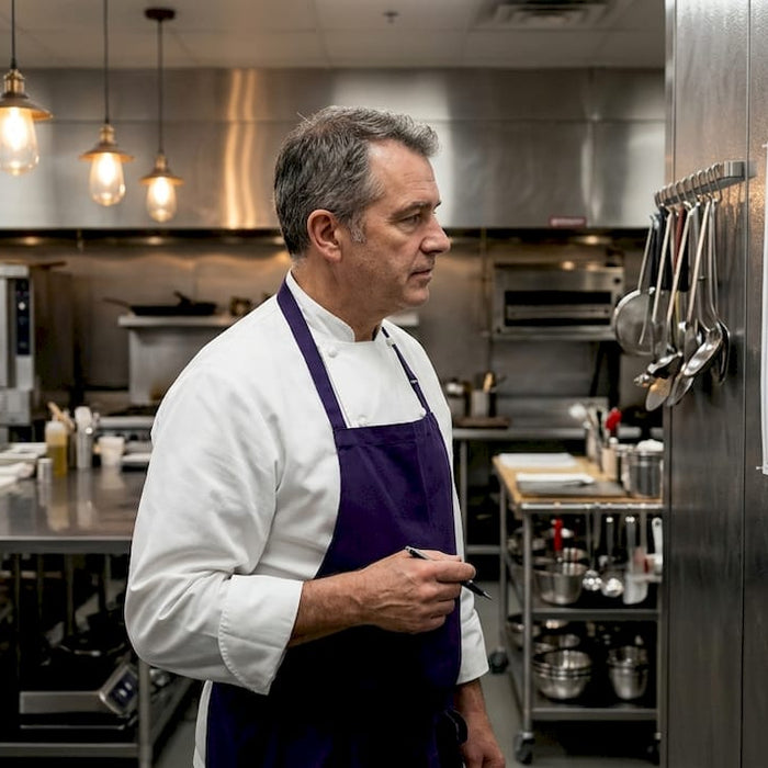 Chef reviewing kitchen plan in commercial kitchen