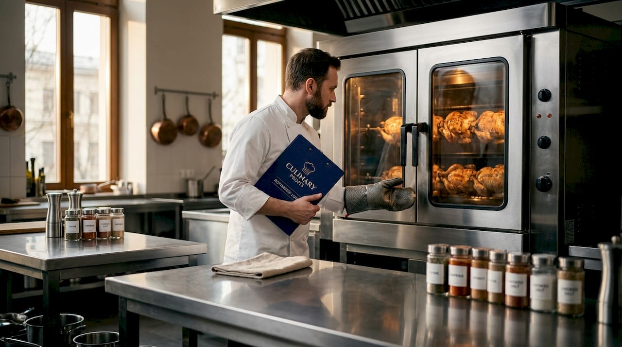 Chef checking rotisserie oven in restaurant kitchen