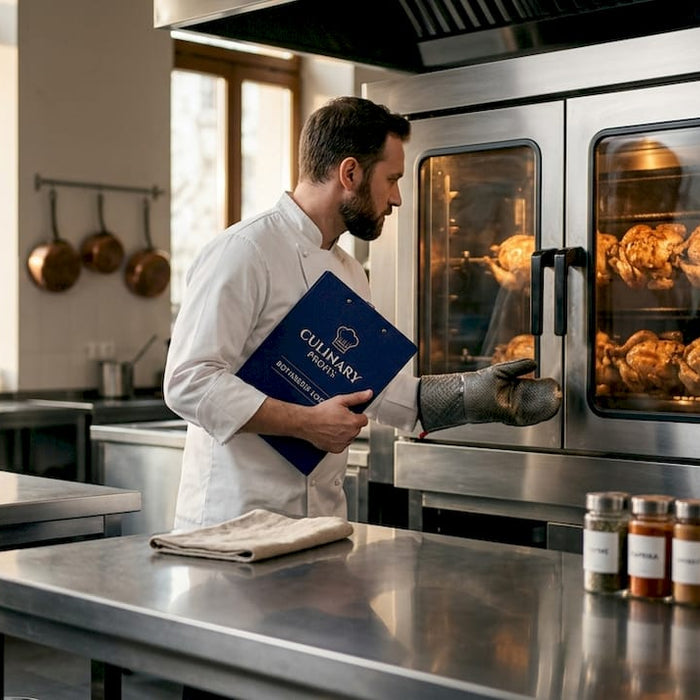 Chef checking rotisserie oven in restaurant kitchen