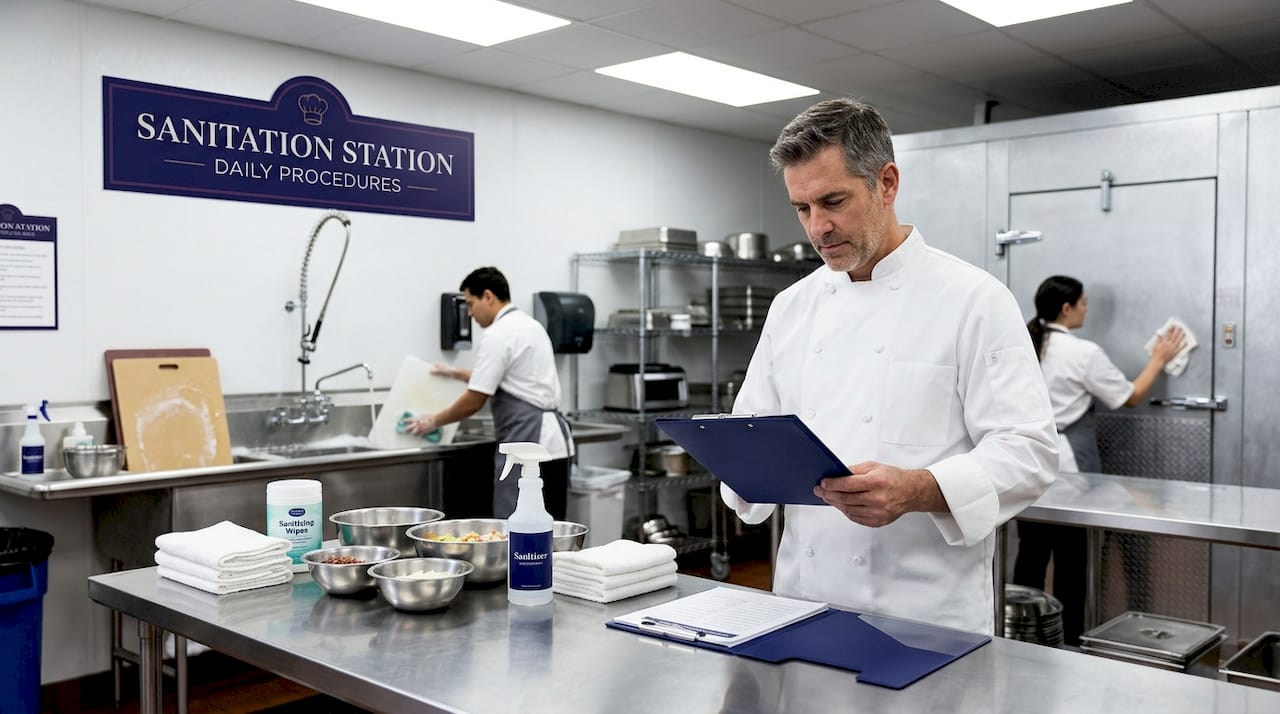 Chef reviewing sanitation checklist in kitchen