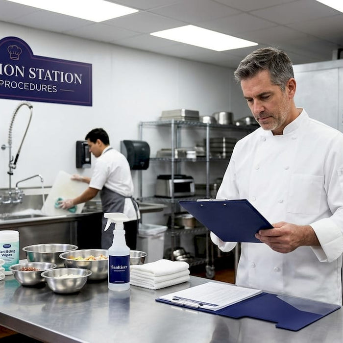 Chef reviewing sanitation checklist in kitchen