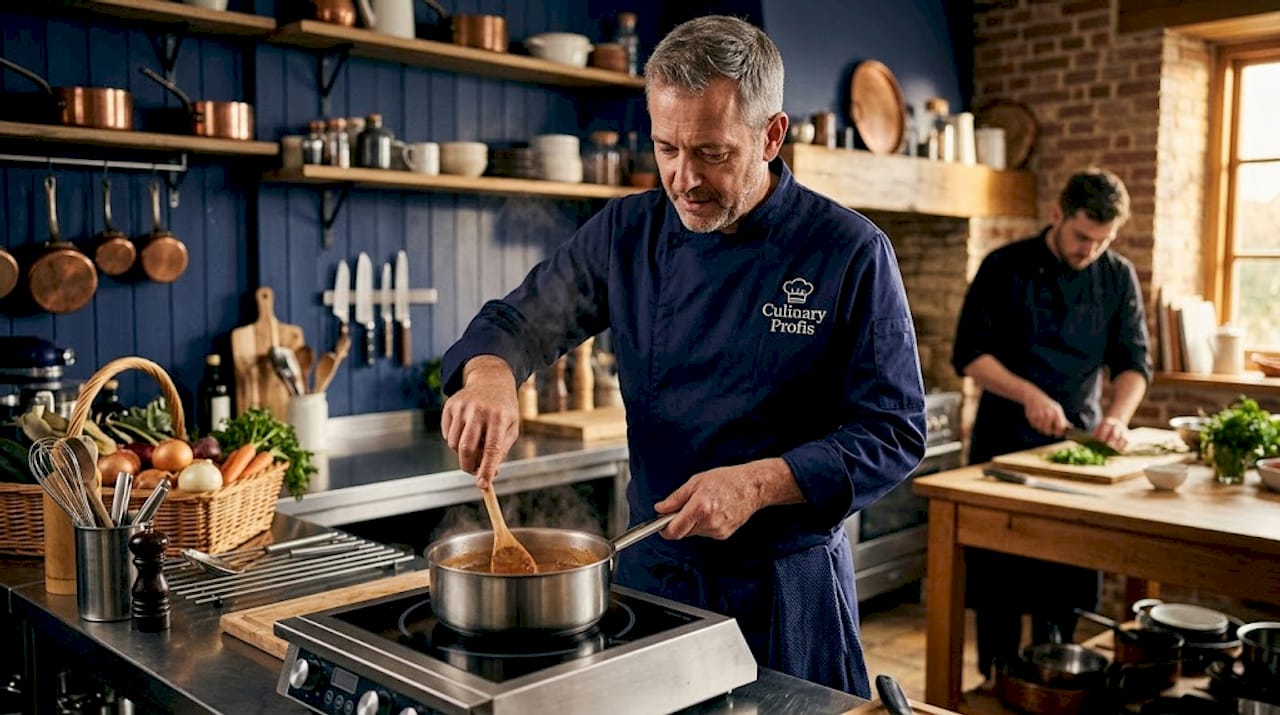 Chef using induction cooktop in commercial kitchen