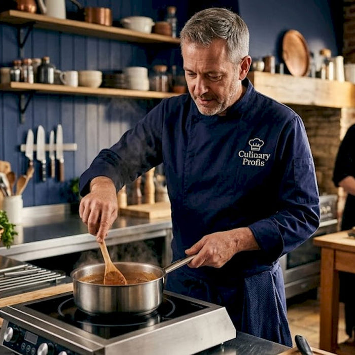 Chef using induction cooktop in commercial kitchen