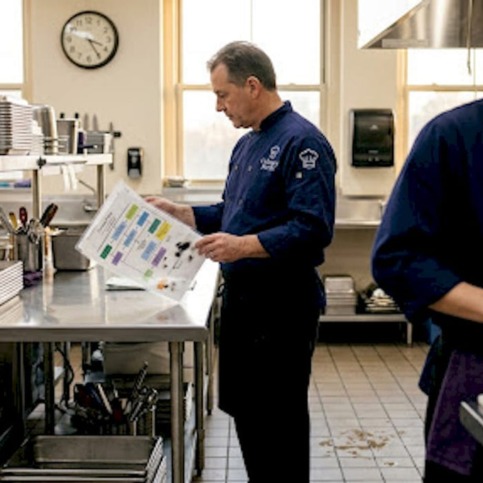 Kitchen manager reviewing operations in large kitchen