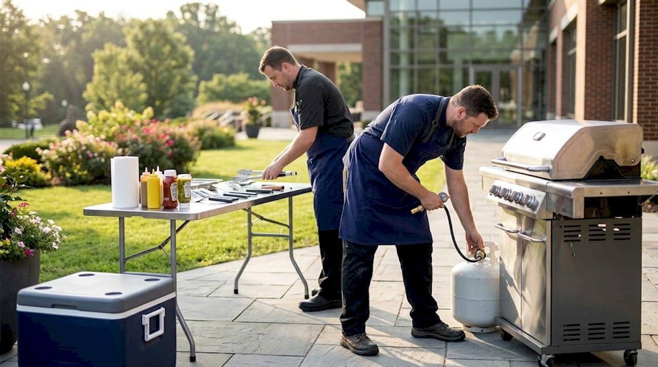 Chef connecting propane grill outdoors