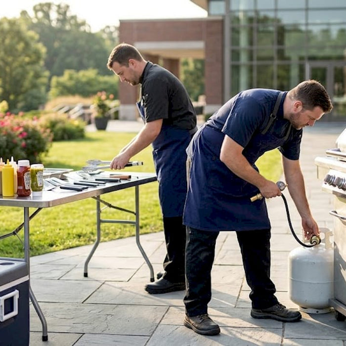 Chef connecting propane grill outdoors