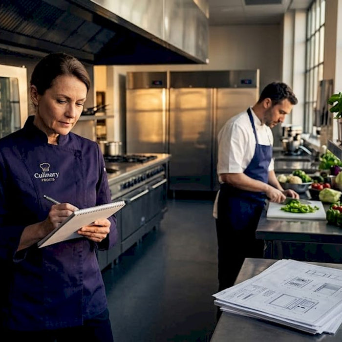 Owner reviewing appliance choices in busy kitchen