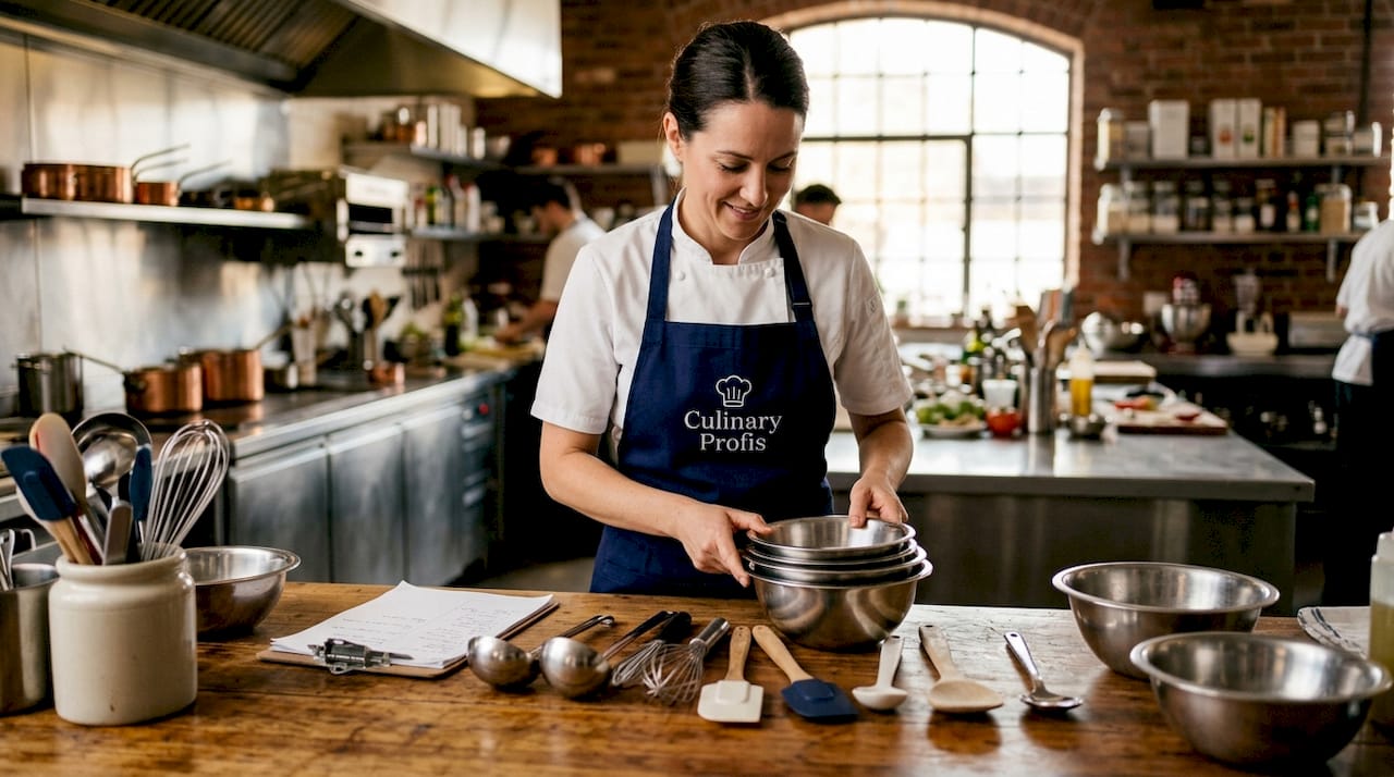Chef sorting restaurant smallwares and tools