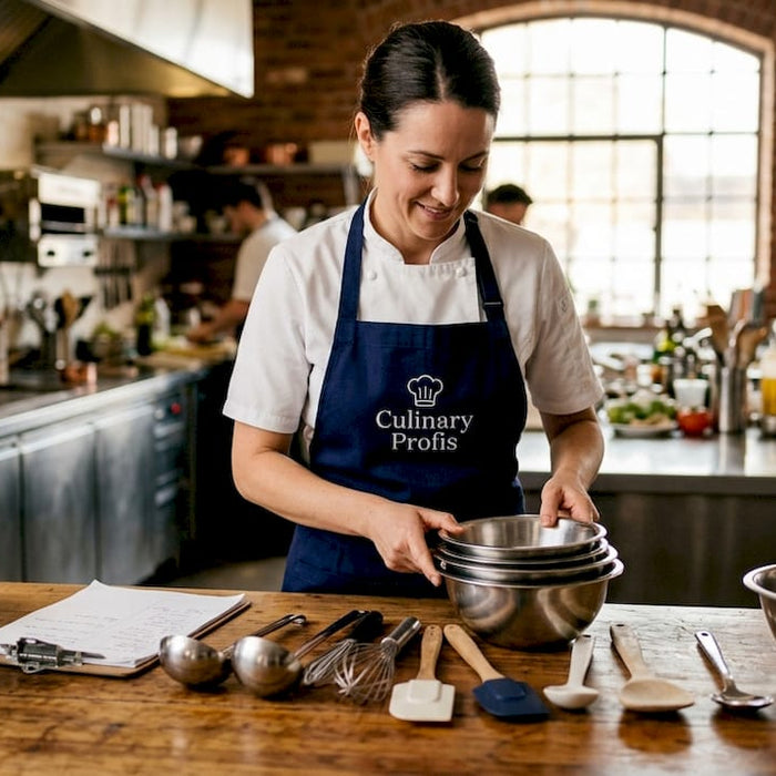 Chef sorting restaurant smallwares and tools