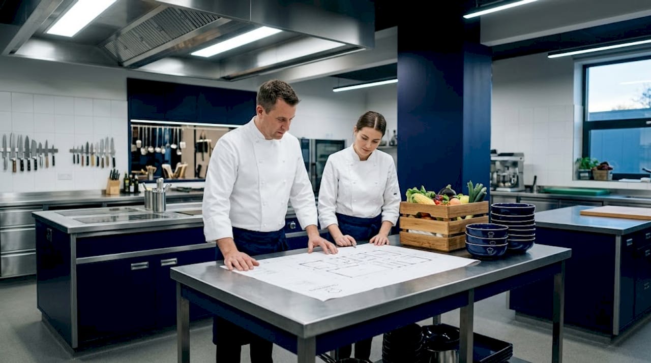 Chef reviews kitchen layout in busy workspace