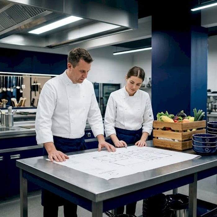 Chef reviews kitchen layout in busy workspace
