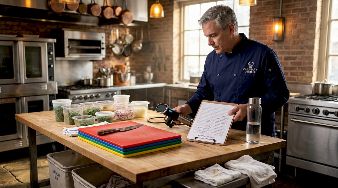 Chef reviewing catering equipment checklist in kitchen