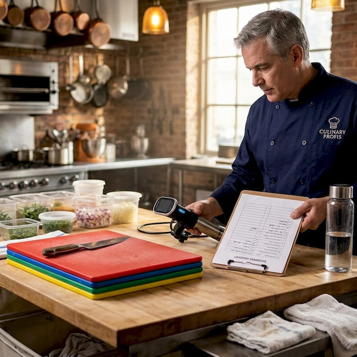 Chef reviewing catering equipment checklist in kitchen