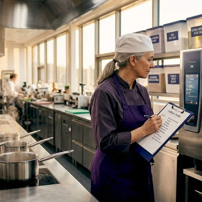 Chef using automated kitchen equipment workflow