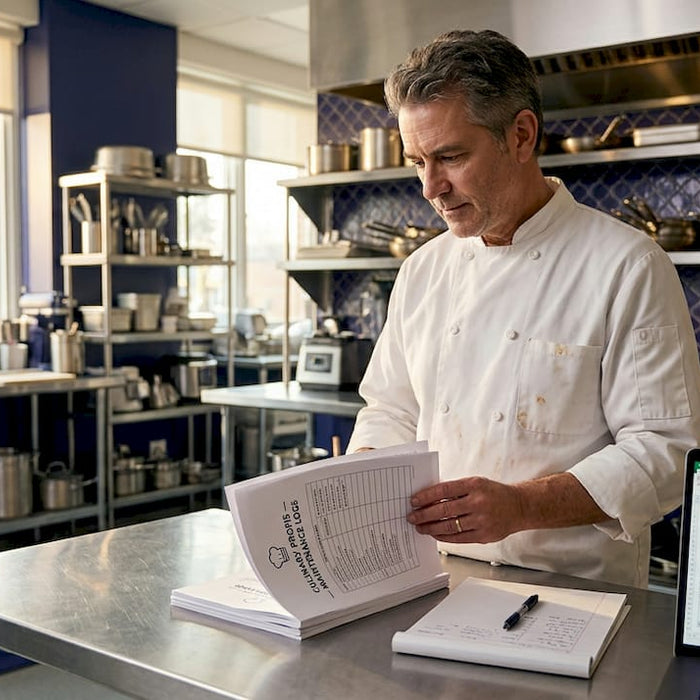 Chef reviewing equipment logs in restaurant kitchen