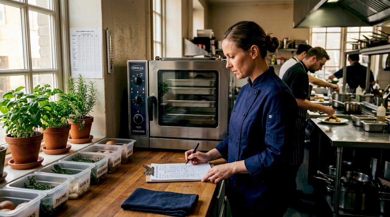 Manager checks HACCP compliance in kitchen