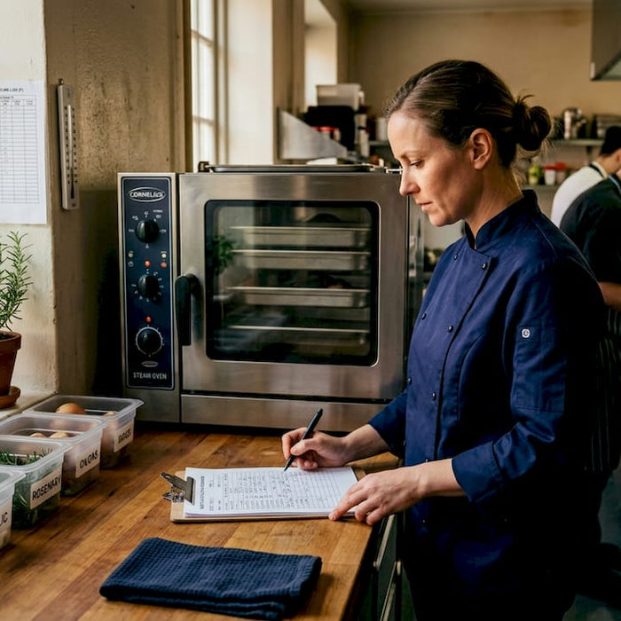 Manager checks HACCP compliance in kitchen