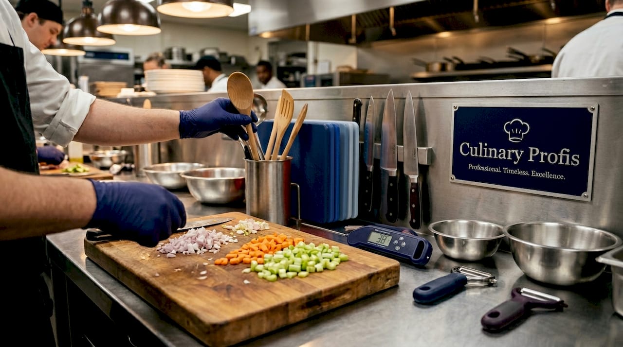Essential professional kitchen small wares on prep countertop