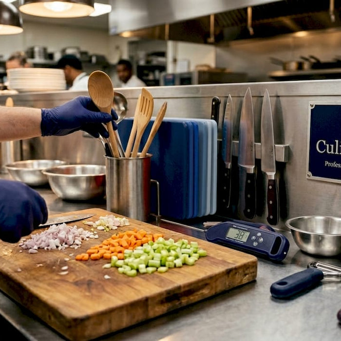 Essential professional kitchen small wares on prep countertop