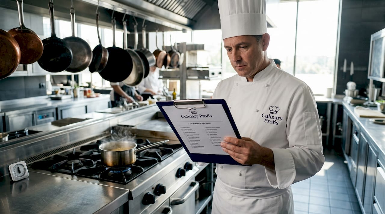 Chef reviewing restaurant kitchen equipment checklist