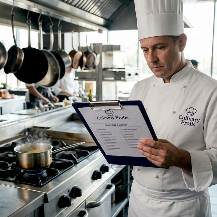 Chef reviewing restaurant kitchen equipment checklist