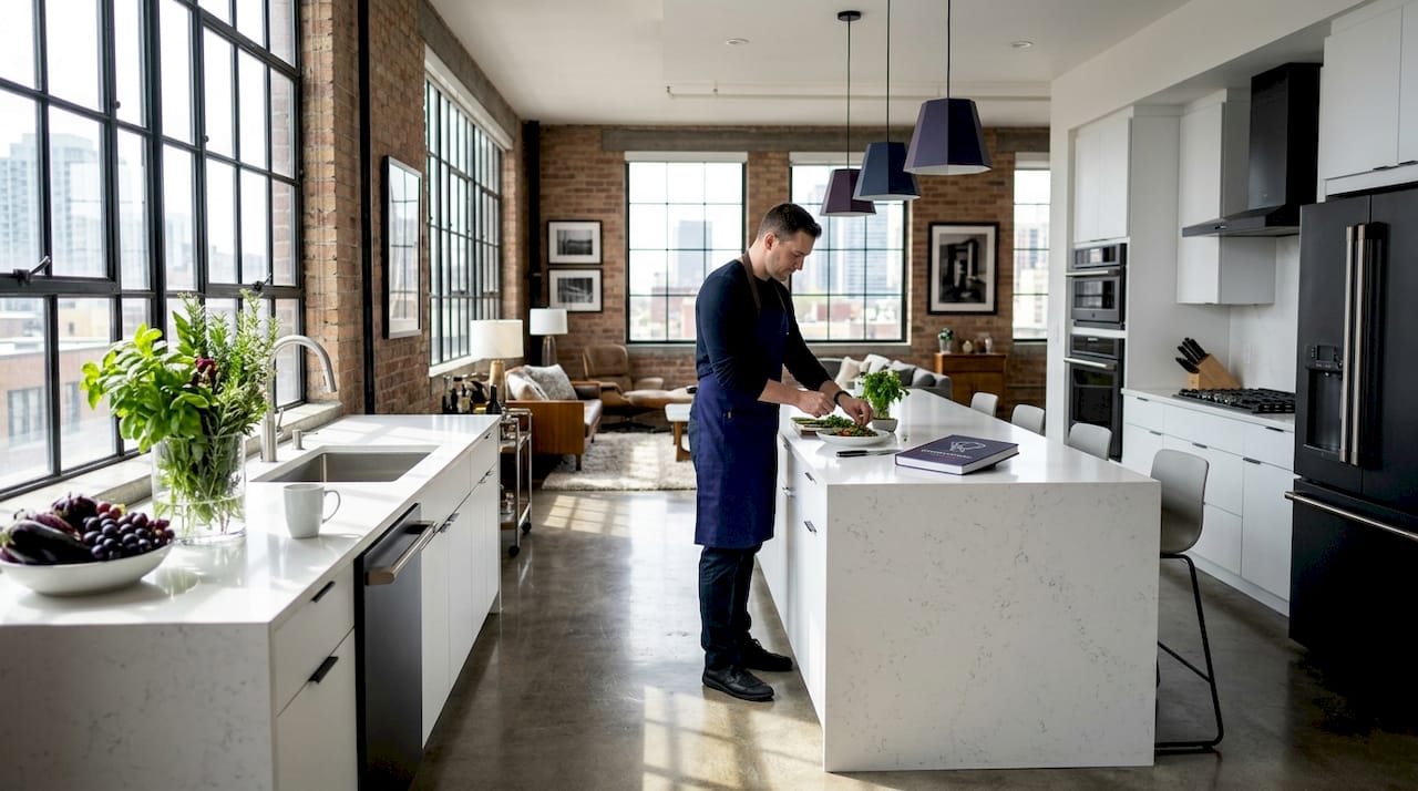 Open kitchen and living room with island and pendant lights