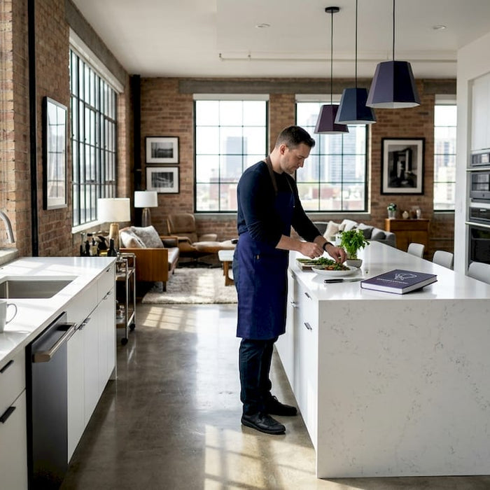 Open kitchen and living room with island and pendant lights