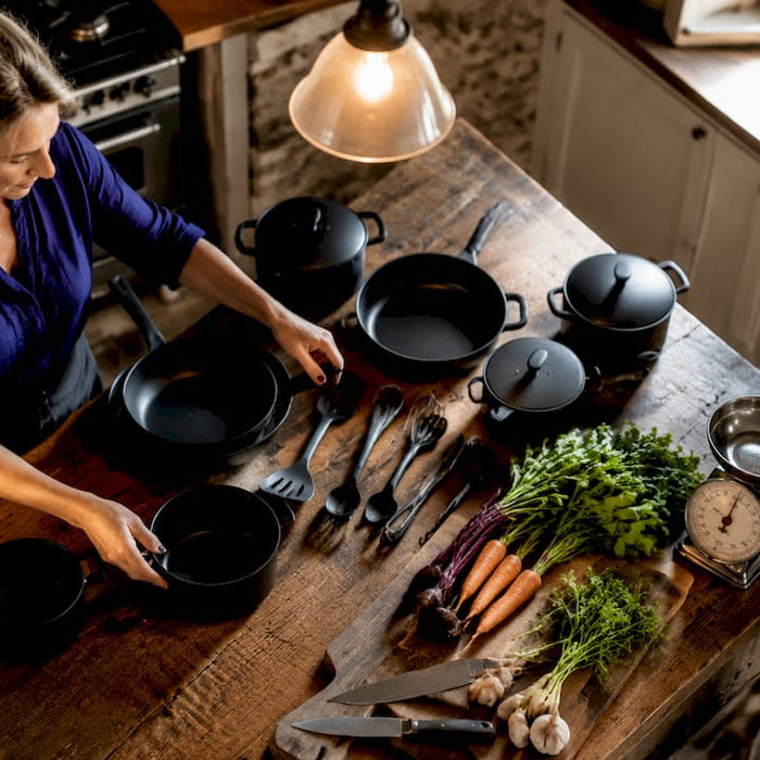 Professional cookware and tools arranged on kitchen counter