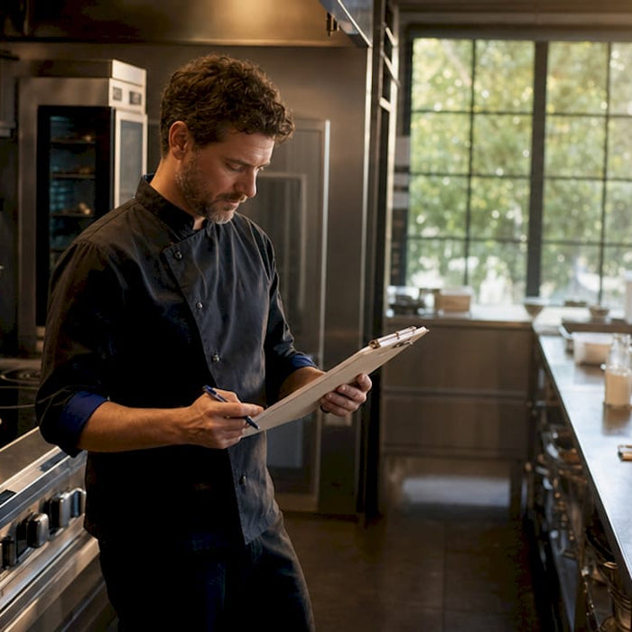 Owner reviewing commercial kitchen equipment checklist