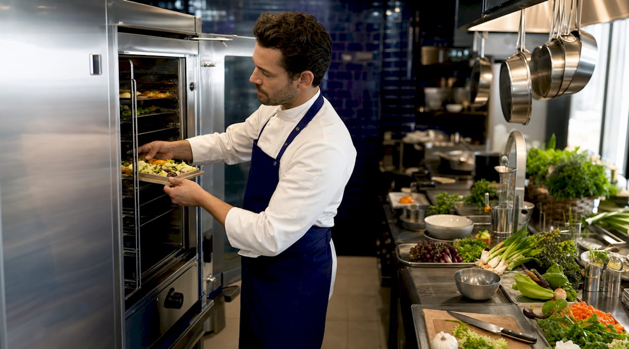 Chef placing trays in commercial steamer oven