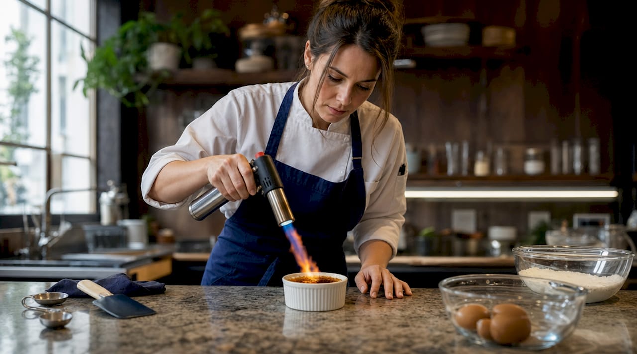 Chef caramelizing sugar with kitchen torch