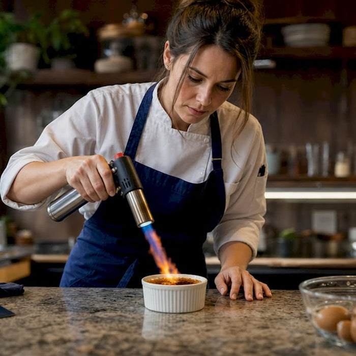 Chef caramelizing sugar with kitchen torch