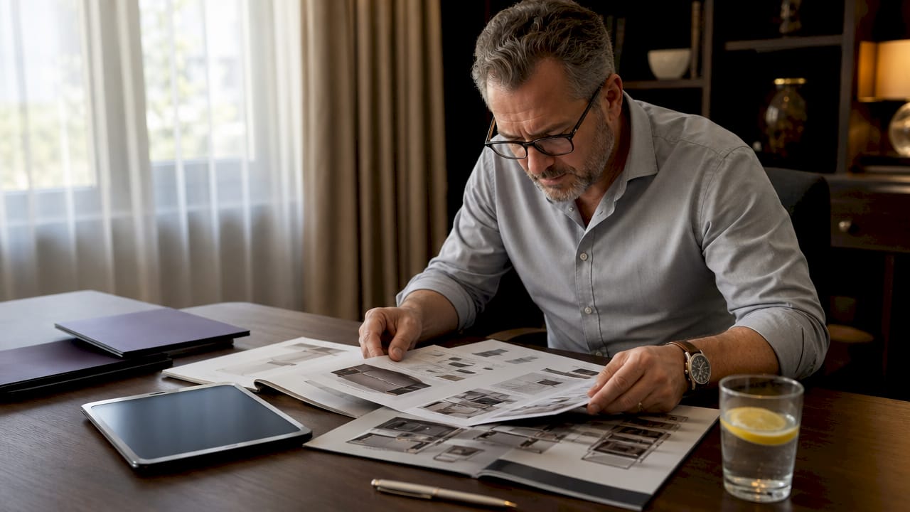 Procurement manager reviewing commercial kitchen catalogs