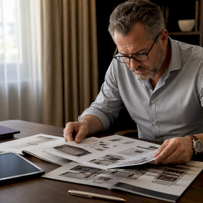 Procurement manager reviewing commercial kitchen catalogs