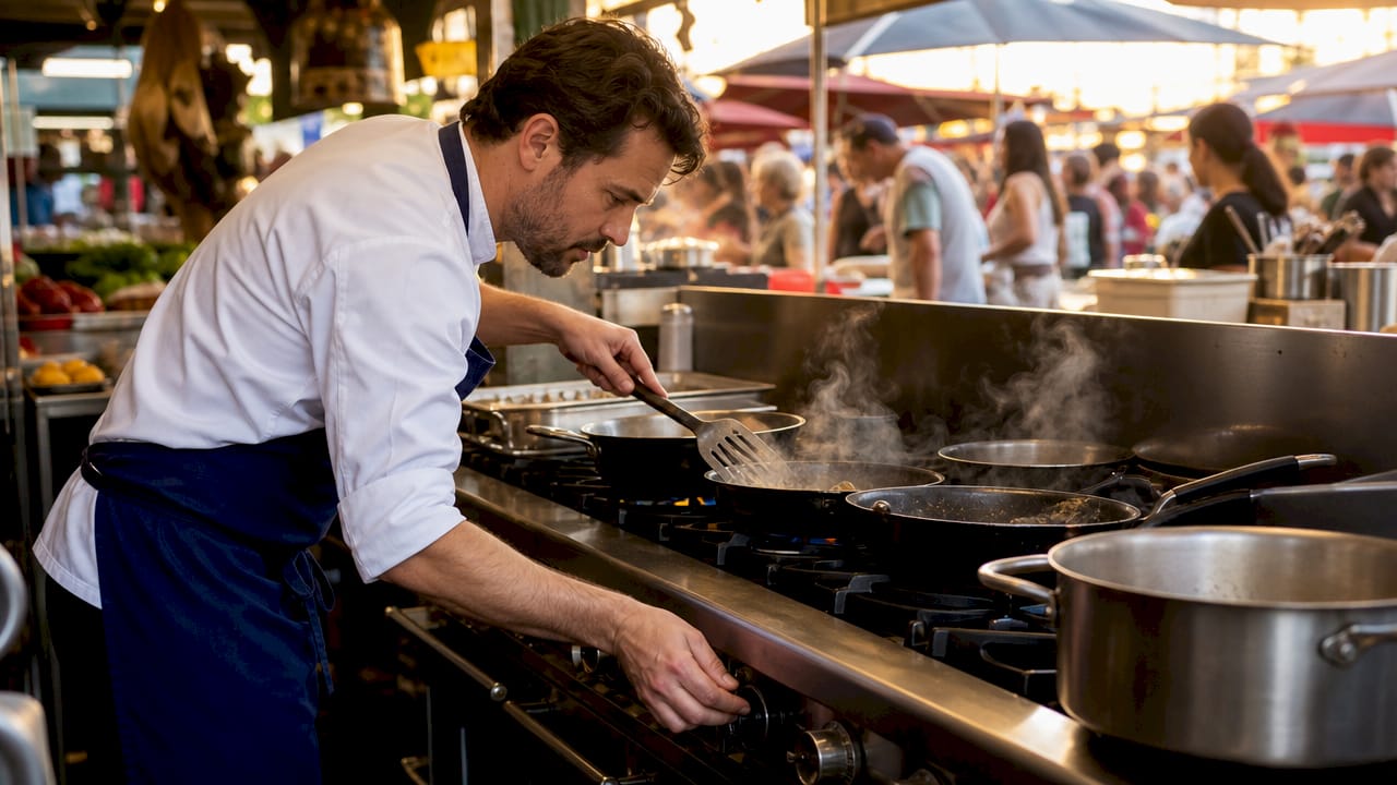 Chef cooking on commercial gas range
