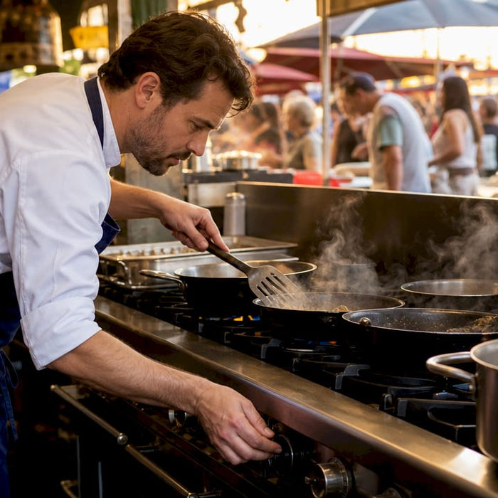 Chef cooking on commercial gas range