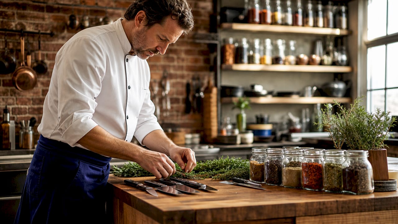 Chef organizing a commercial kitchen prep station