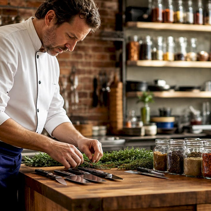 Chef organizing a commercial kitchen prep station
