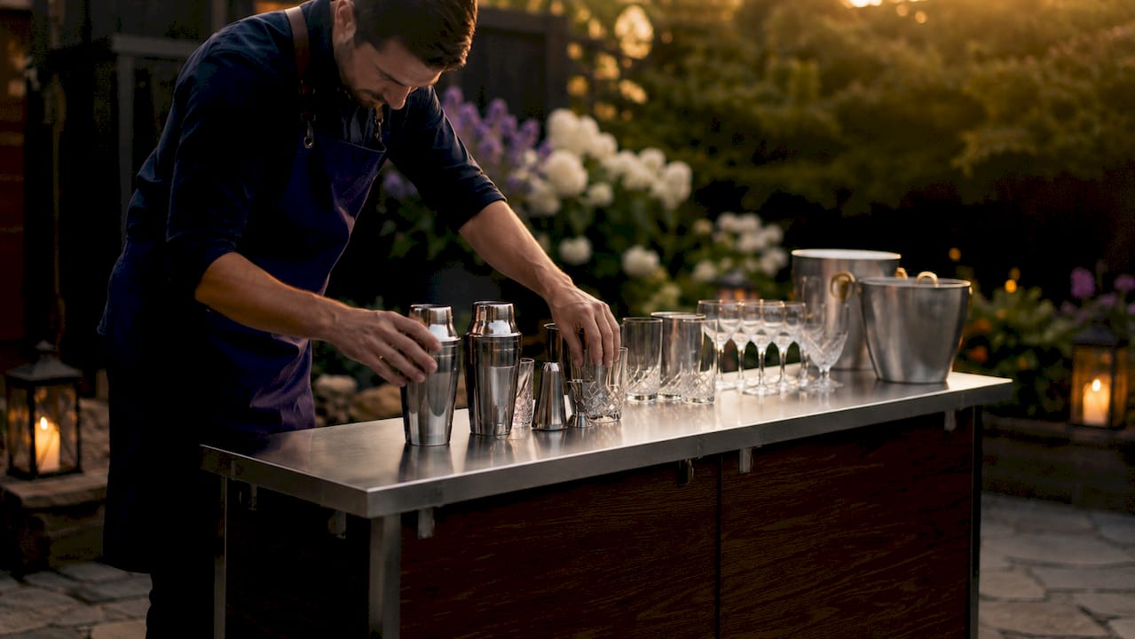 Bartender setting up portable bar outdoors