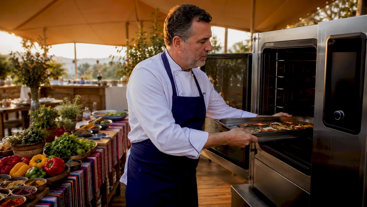 Chef using rapid cook oven in kitchen