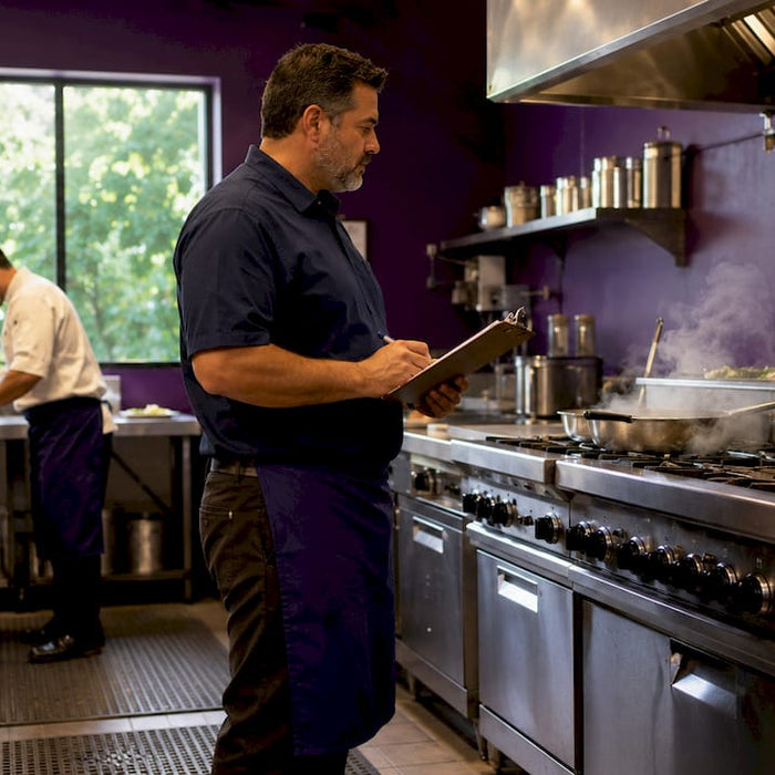 Restaurant manager inspecting new kitchen stove